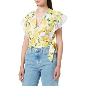 Naf Naf Paris Citron C1 Wrap Top Flutter Sleeve Lace Trim Yellow Womens Sz M NWT